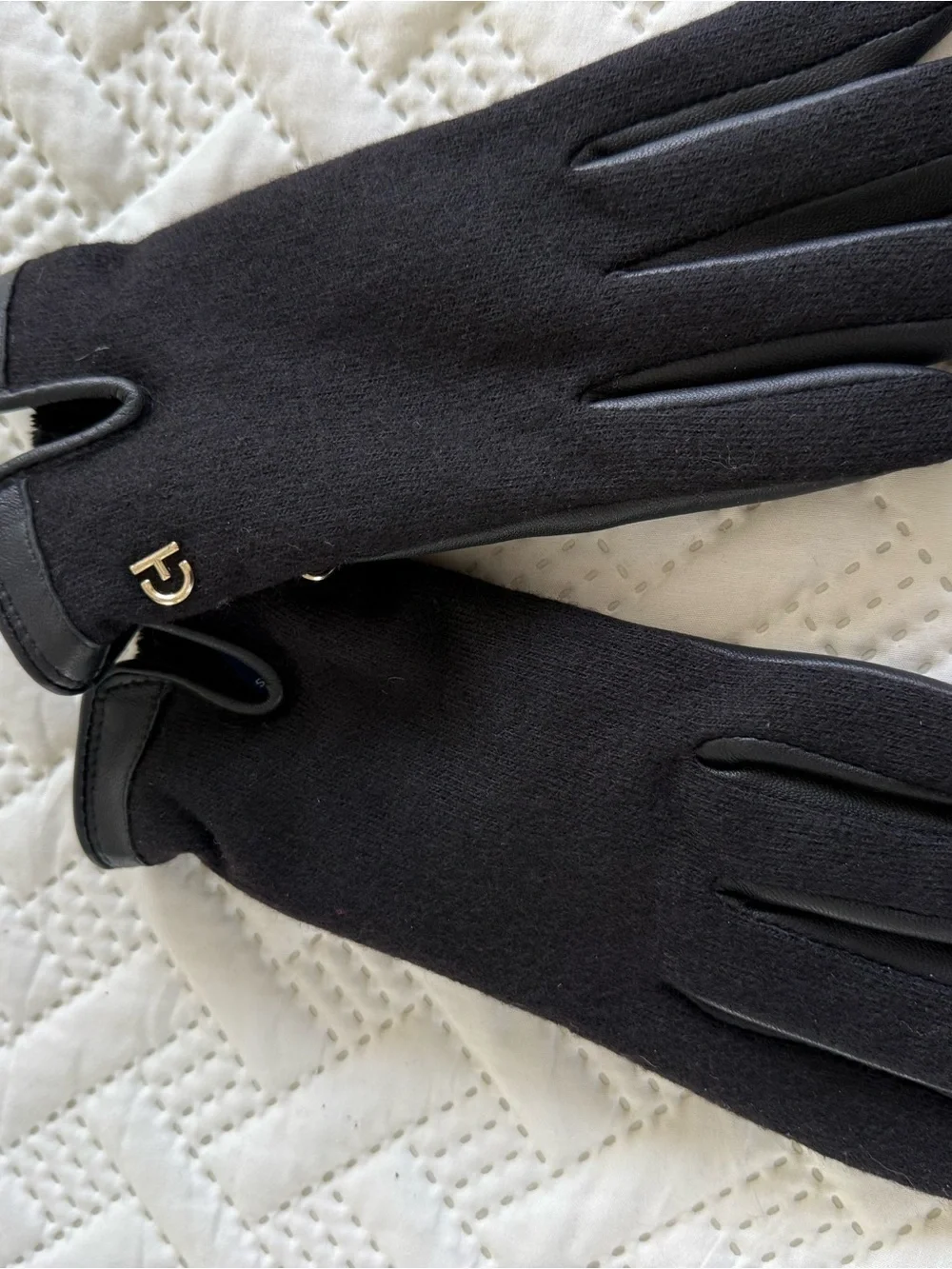Cole Haan Black Wool-Blend Gloves with Gold Logo